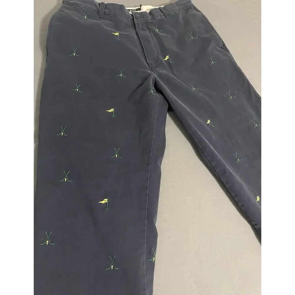 Vintage 36x32 J.Crew Navy Golf 19th Hole Embroidered Chinos Pants Style 87563